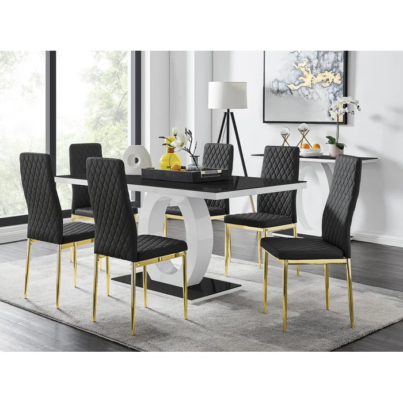 ScottsmoorModernHighGlossHalo6SeaterDiningTableSetwithLuxuryFauxLeatherDiningChairs